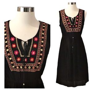 Black Cotton Embroidered Dress Sleeveless Boho Midi Large Casual NWT